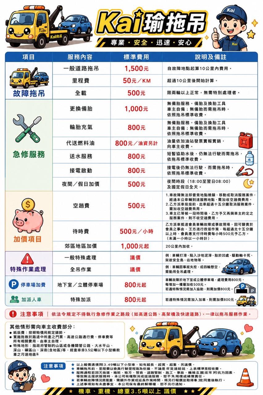 宥瑜拖吊官方收費標準表，含故障拖吊、急修服務、加價項目與注意事項