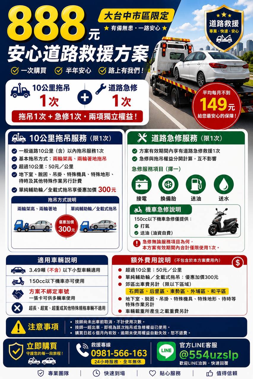宥瑜拖吊安心道路救援方案，含10公里拖吊與道路急修
